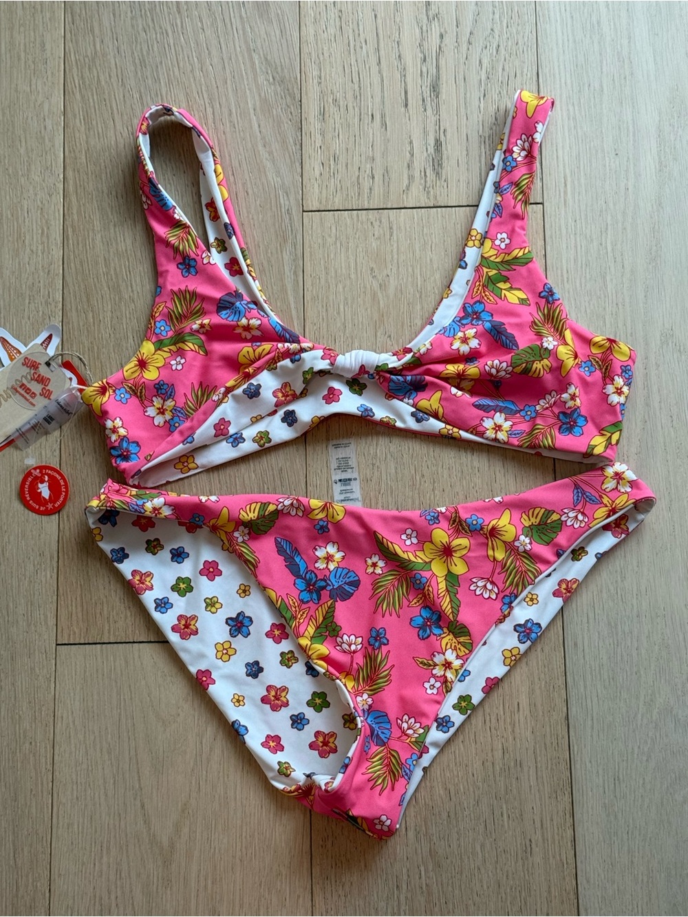 Cabana del Sol Reversible Pink Floral Bikini Set Size L Tropical Two Piece NWT